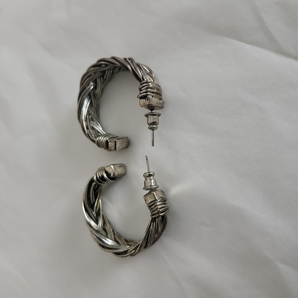 Vintage Braided Braided Silver Chunky Hoop Earrings - Picture 5 of 6